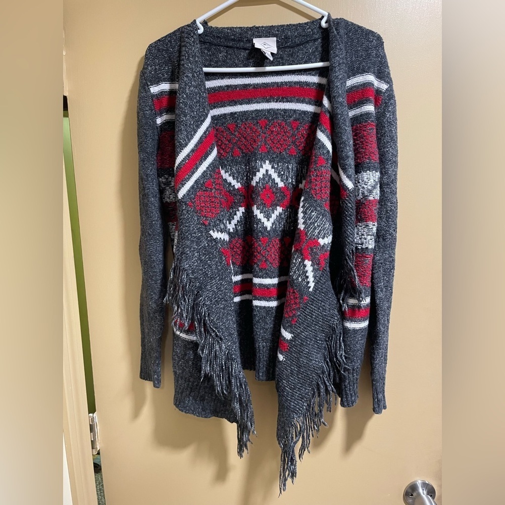 St. John's Bay Gray and Red Patterned Cardigan